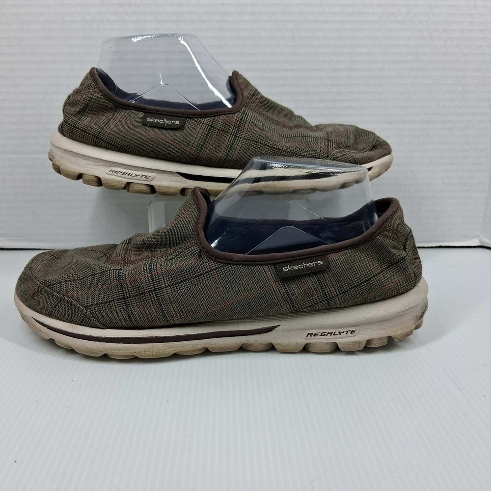 Skechers GoWalk Resalyte Mens Brown Plaid Slip On Walking Shoes 53513 Size 8.5